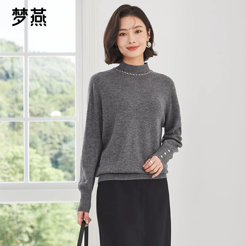 梦燕秋冬女款纯羊毛衫保暖舒适半高领纯色设计感针织衫CC11B4522