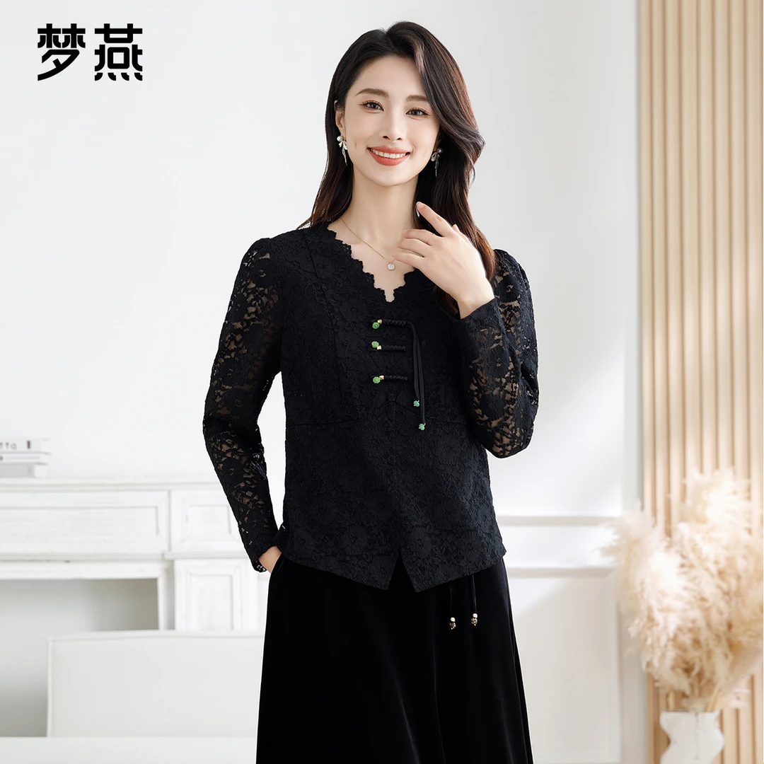 梦燕春秋季女新中式盘扣v领小衫内搭打底衫长袖修身上衣AA03B4040