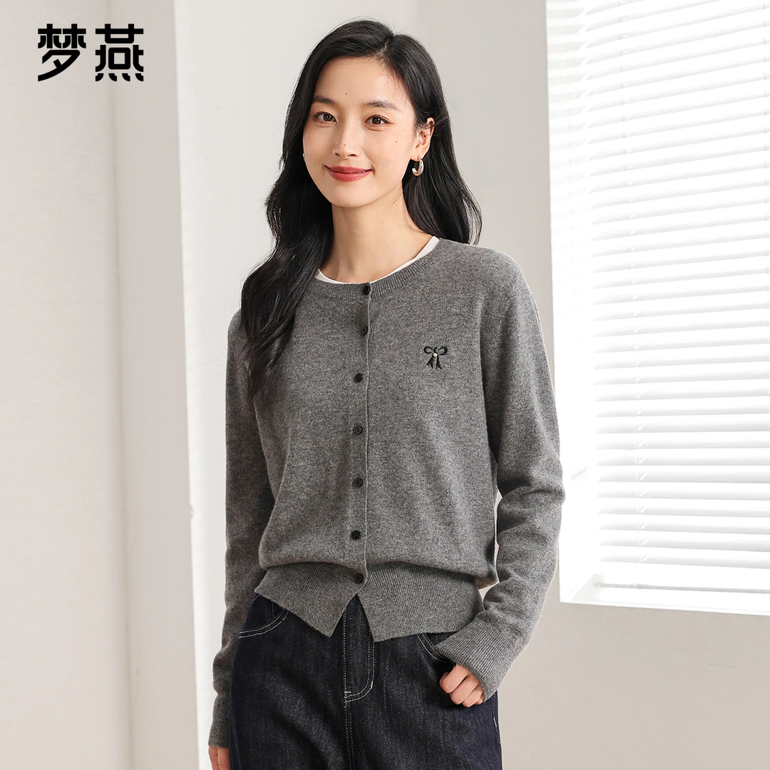 梦燕秋冬女款细腻柔软休闲保暖纯羊毛圆领针织开衫上衣CC12B4500