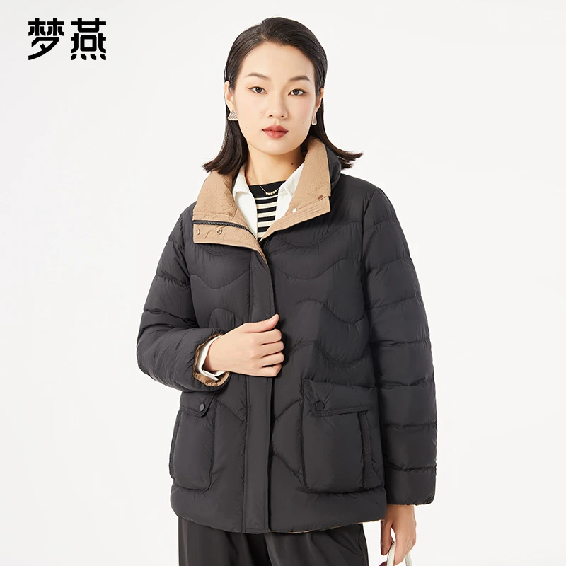 梦燕冬季女士新款气质撞色翻领绒纯色百搭保暖羽绒服CY02B3507