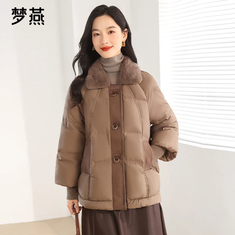梦燕【内购会】冬季女高端拼接洋气兔毛毛领鸭绒羽绒服女CY12B3023D