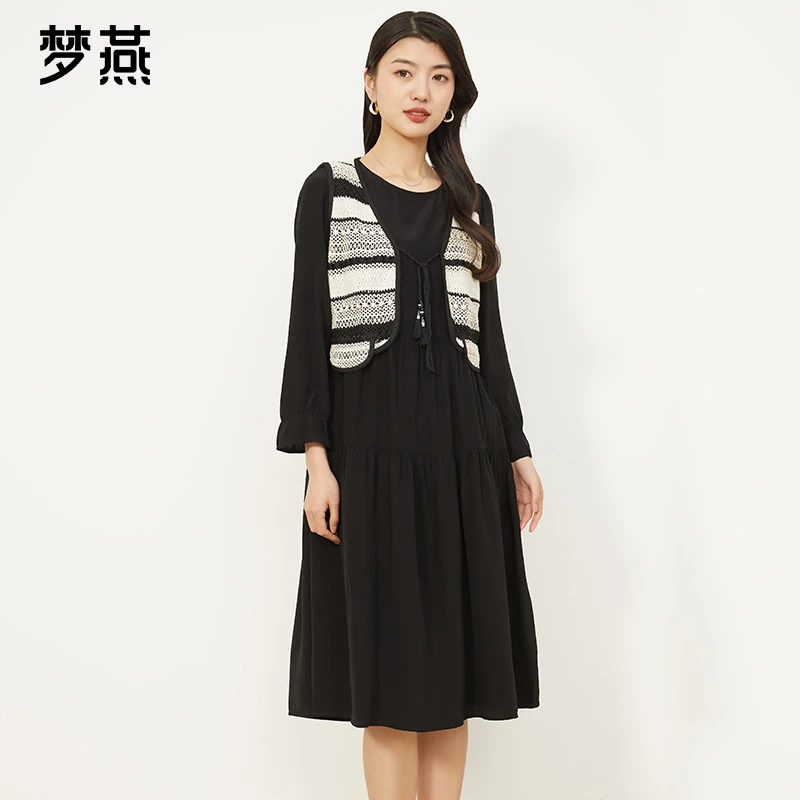 梦燕春秋女款假两件针织长袖宽松连衣裙时尚套裙AB03B4004D