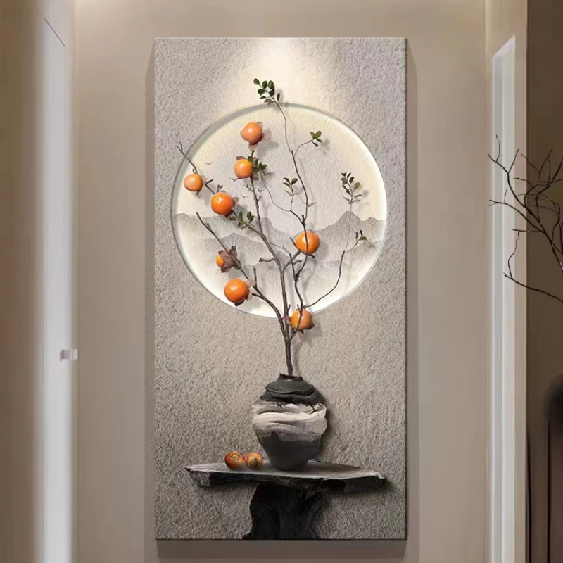 柿柿如意玄关装饰画侘寂风立体砂岩走廊挂画新中式入户门壁画A162