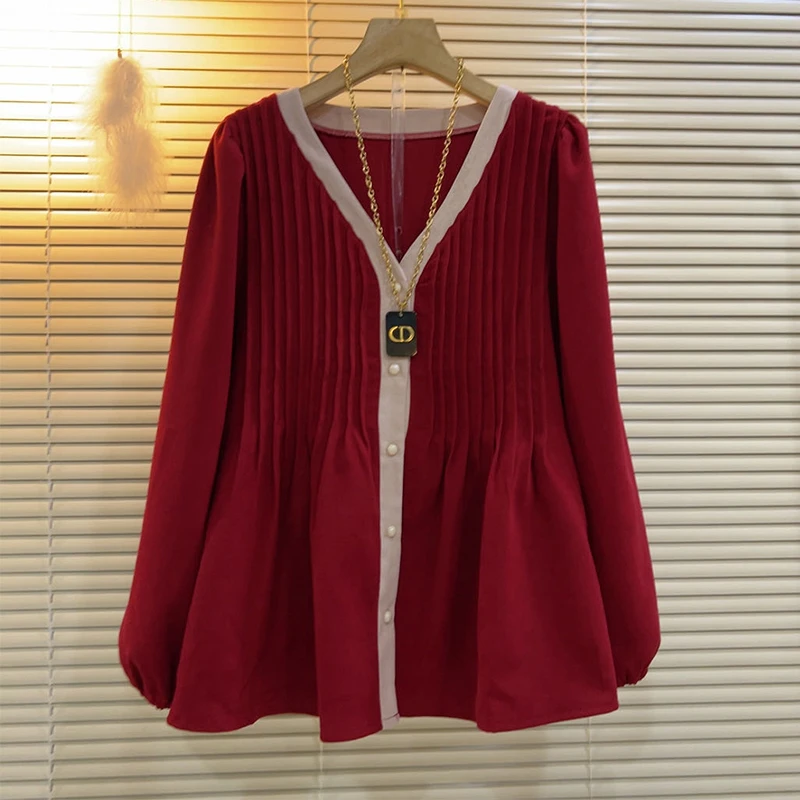 时尚胖MM大码百搭休闲V领褶皱洋气2025秋季新款显瘦遮肉韩版衬衫