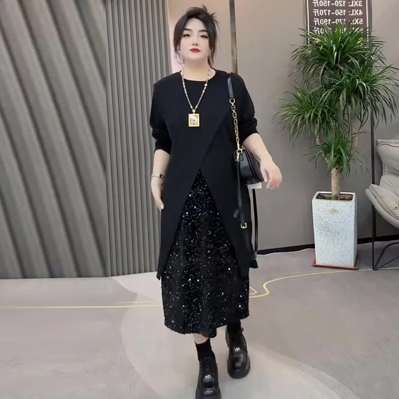 大码胖MM开叉设计上衣亮片半身裙显瘦遮肉2025秋季新款气质两件套