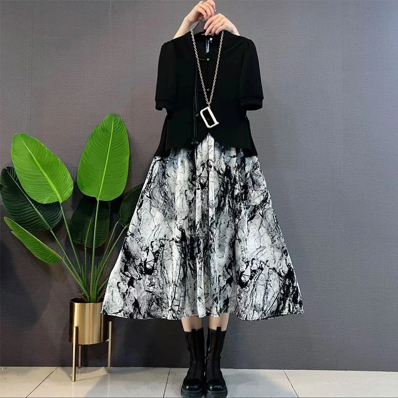 新中式盘扣上衣水墨半身裙子微胖MM大码2025夏季新款洋气显瘦套装