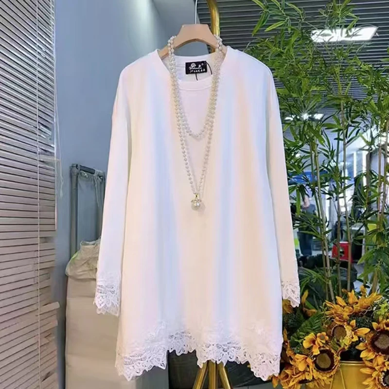 2024秋冬新款韩版蕾丝拼接休闲纯色简约胖MM大码宽松显瘦打底T恤