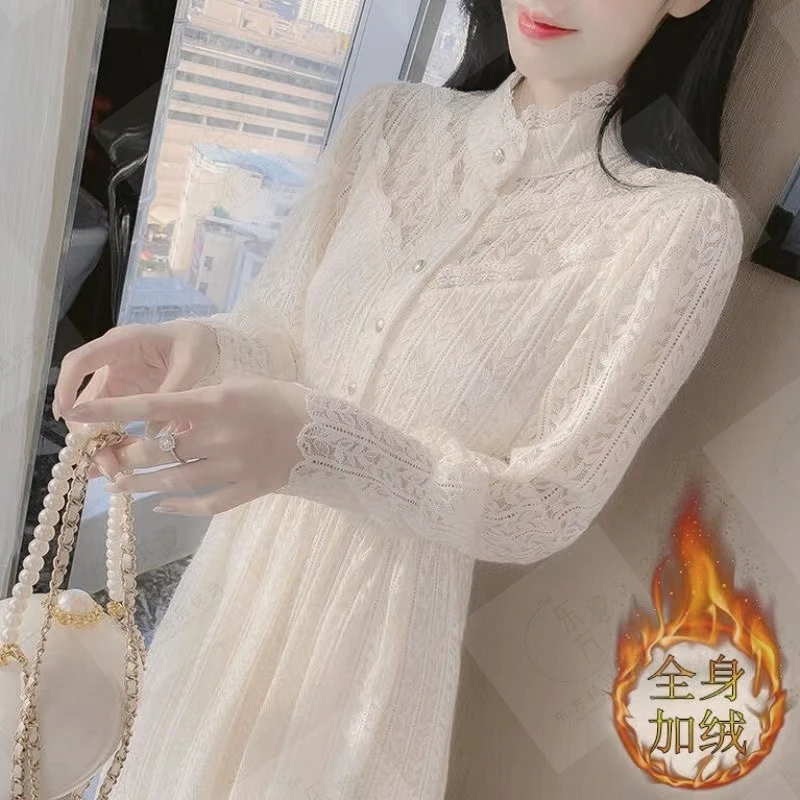 春冬季蕾丝连衣裙女装新款小仙女法式長裙气质打底內搭加绒裙子