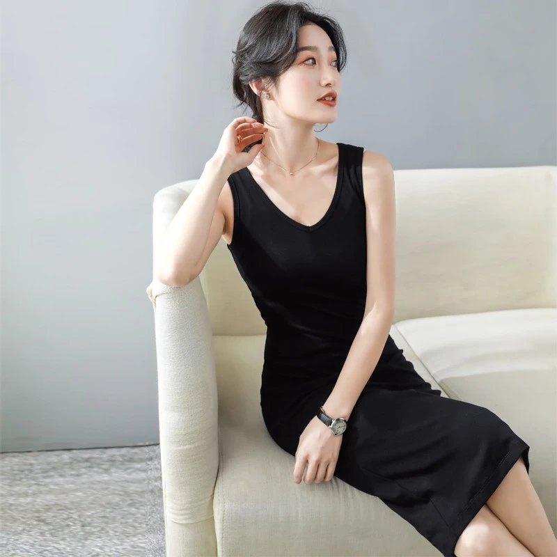 【蝶舞】【连衣裙】春夏女装新款背心裙黑色内搭裙无袖V领打底连衣裙