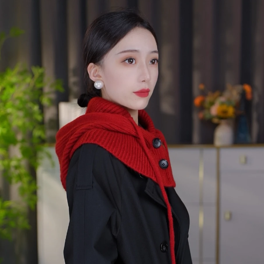 【四季】针织克拉克拉法帽带纽扣女秋冬季韩版保暖护耳包头帽