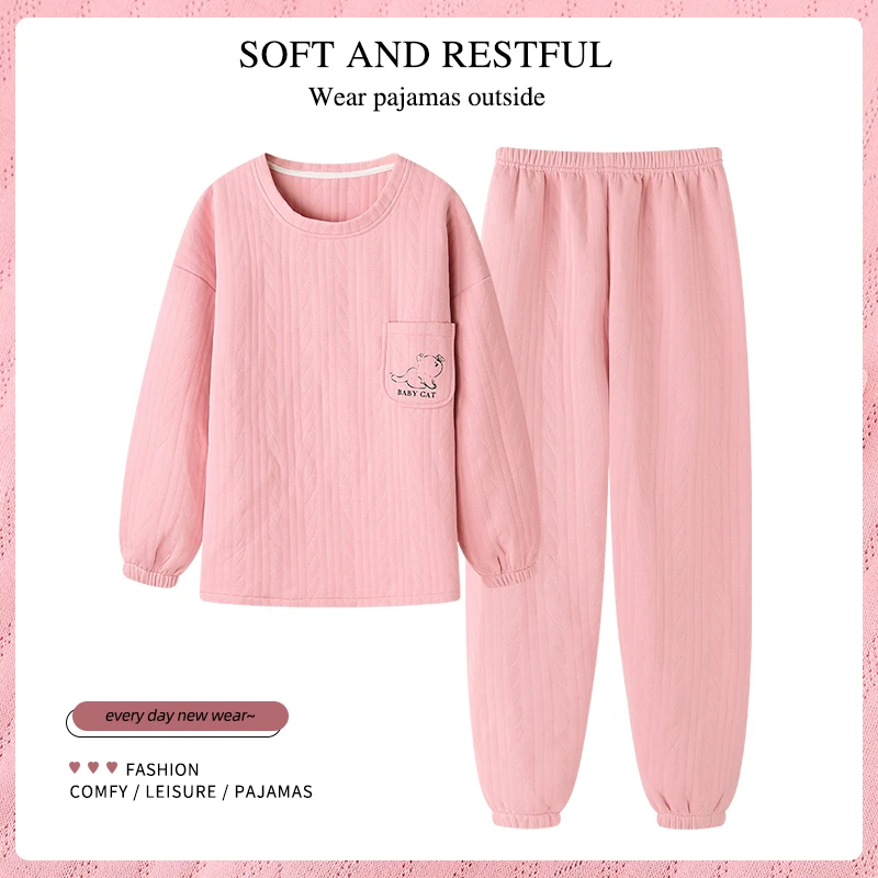 小个子空气棉夹层睡衣女秋冬新款纯棉加厚保暖束手束脚薄夹棉套装