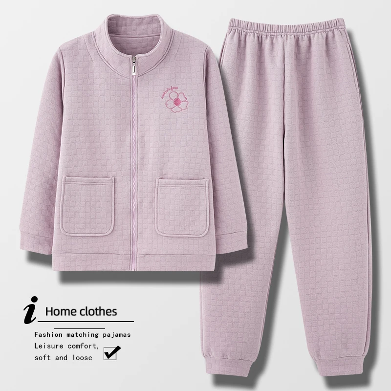 60-70岁妈妈睡衣女冬季三层夹棉纯棉加厚老年家居服100%全棉大码