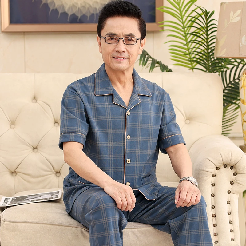 40-50岁男睡衣短袖长袖纯棉半袖中年爸爸春夏季加大码宽松家居服