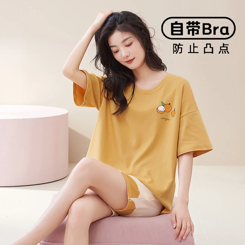 睡衣女士夏季纯棉薄款短袖带胸垫2025年新款可爱可外穿夏天家居服