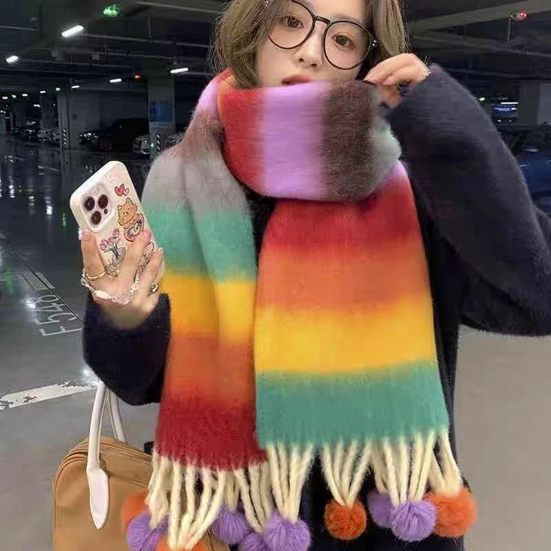 彩虹围巾多巴胺女冬季2024新款高级感百搭时尚保暖学生情侣围脖女