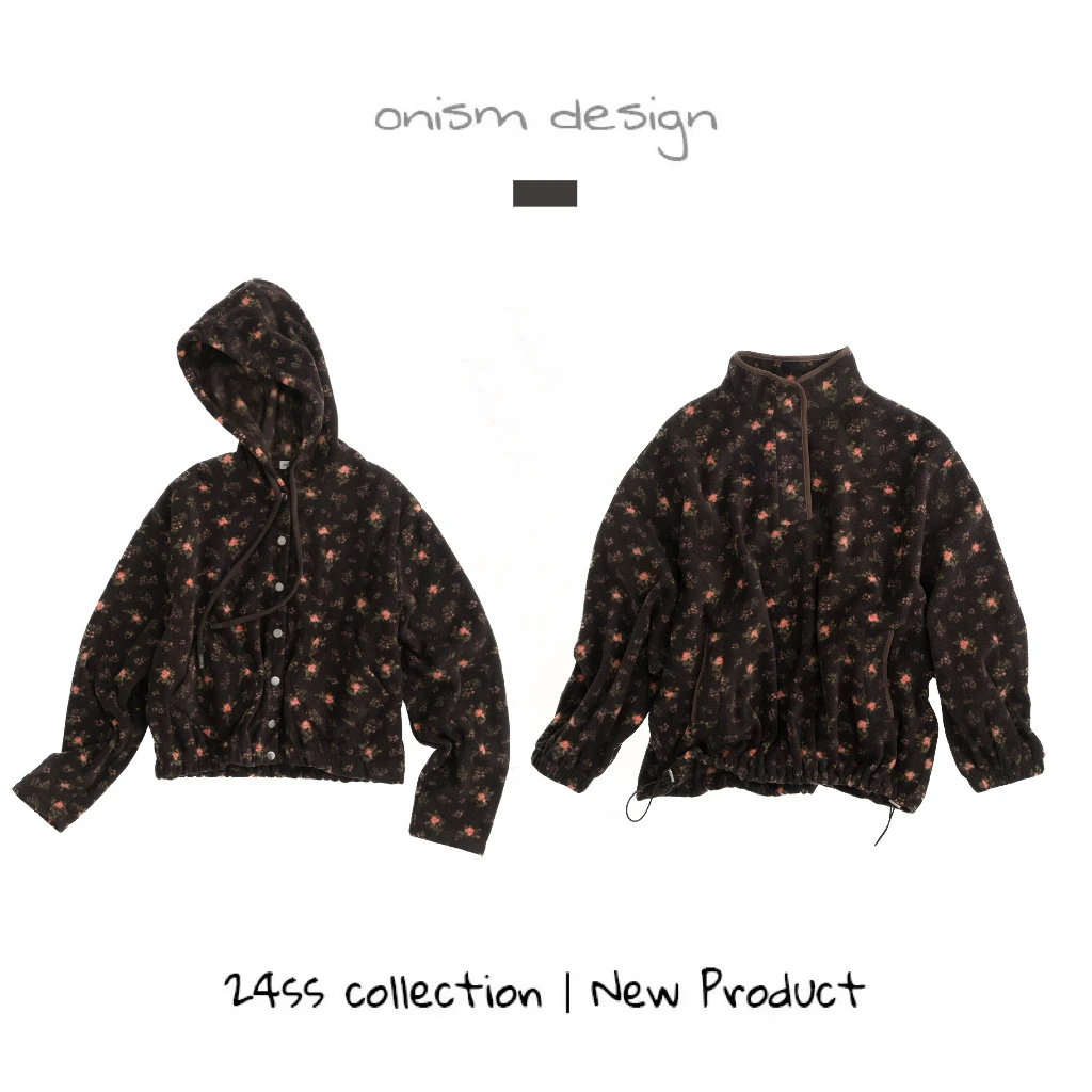 “雪绒花”复古碎花宽松立领套头保暖宽松卫衣摇粒绒连帽短款外套