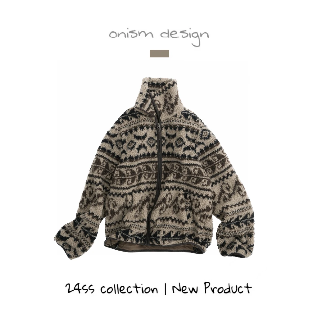 ”印第安娃娃“复古图腾提花羊羔毛摇粒绒立领拉链加厚保暖棉衣外套