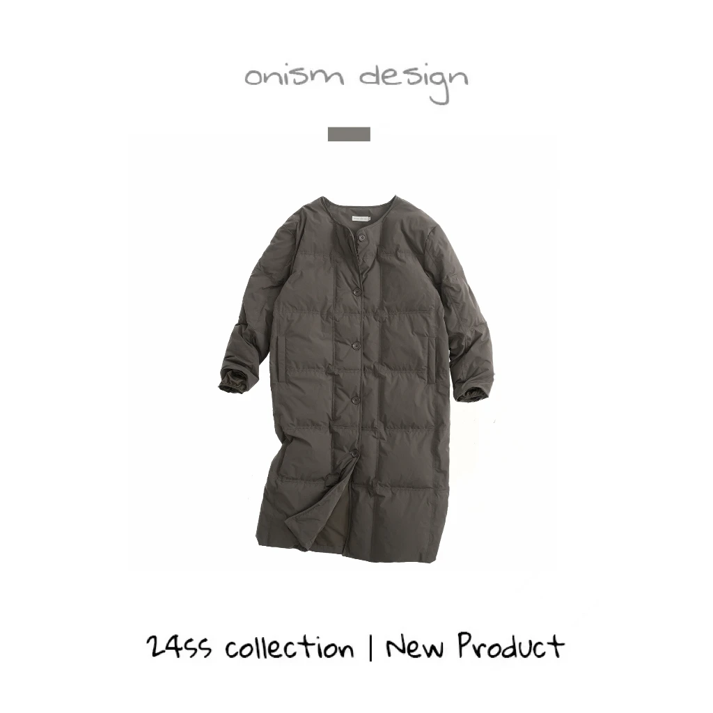 “可可西里”小众设计感圆领纽扣豆腐格长款羽绒服休闲宽松保暖外套