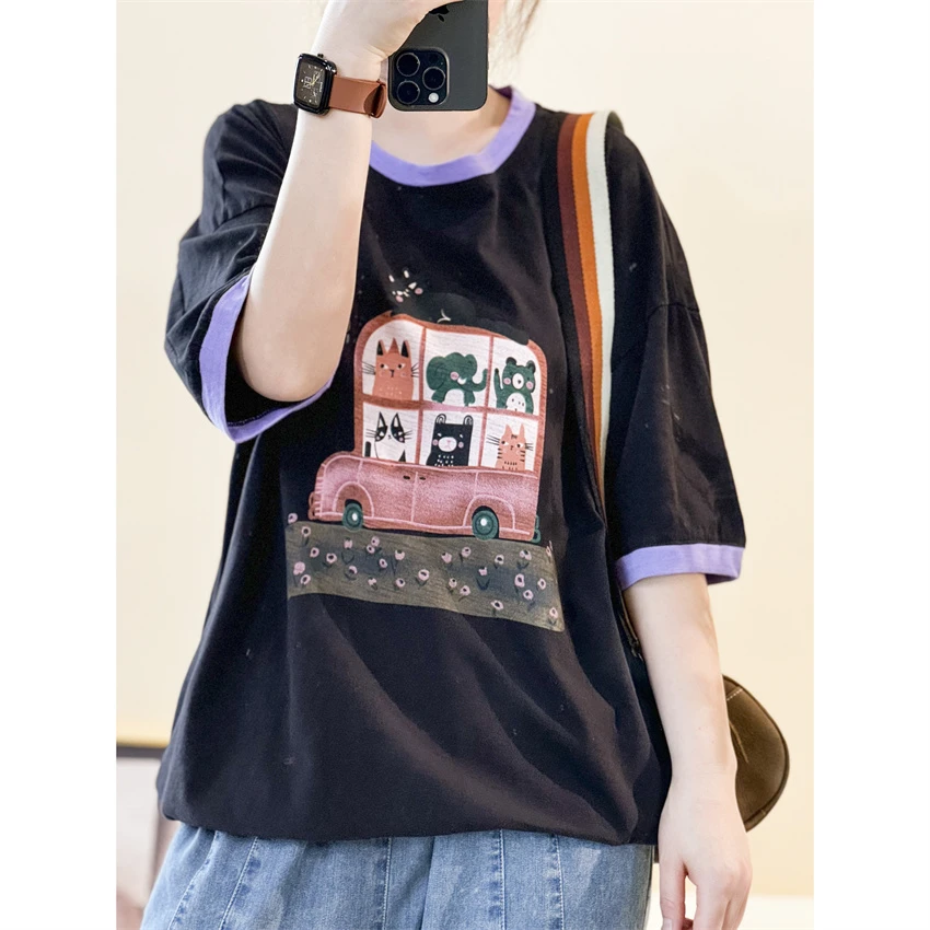 （浅笑）8268 小汽车短袖t恤女休闲百搭宽松显瘦圆领短袖上衣时尚