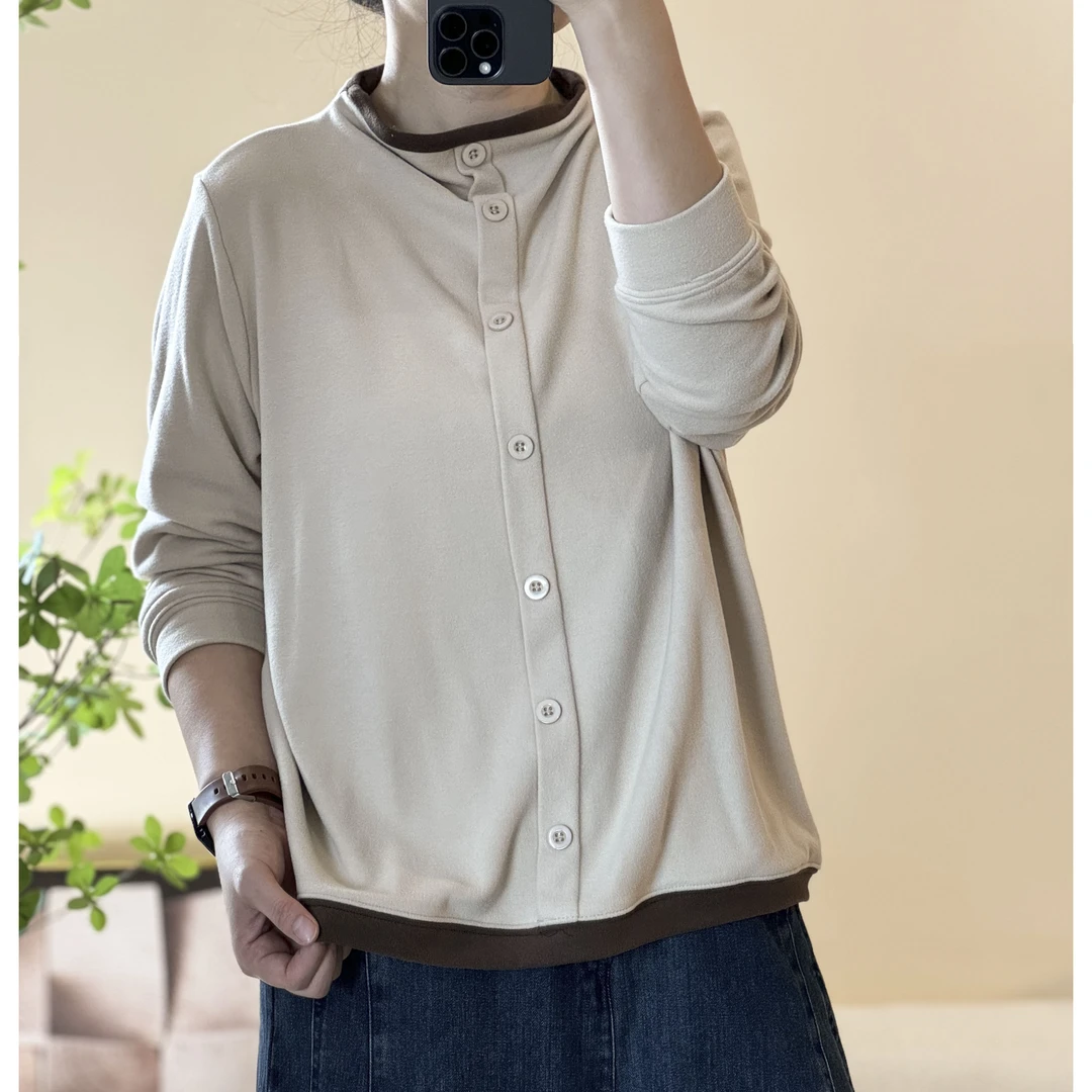 （浅笑）82168 双面澳绒半高领T恤女拼色冬季百搭休闲打底减龄上衣