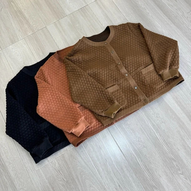 （浅笑）女圆领休闲百搭宽松显瘦韩版秋季棒球服女棉衣菱格外套