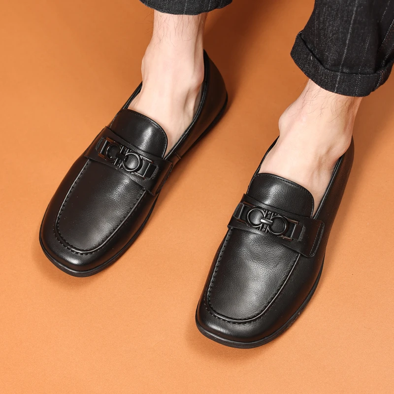 春夏新款男士透气乐福鞋真皮软底豆豆鞋方头百搭休闲皮鞋黑色男鞋