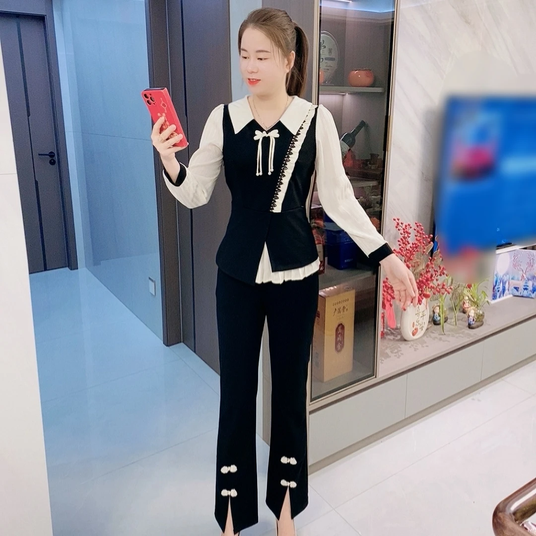 【十姐妹推荐】2024新款时尚秋季长袖洋气女人味国风扣修身显瘦套装