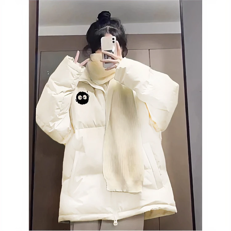 米白色加厚棉服冬季女宽松流行时尚保暖立领面包服棉袄外套遮屁股