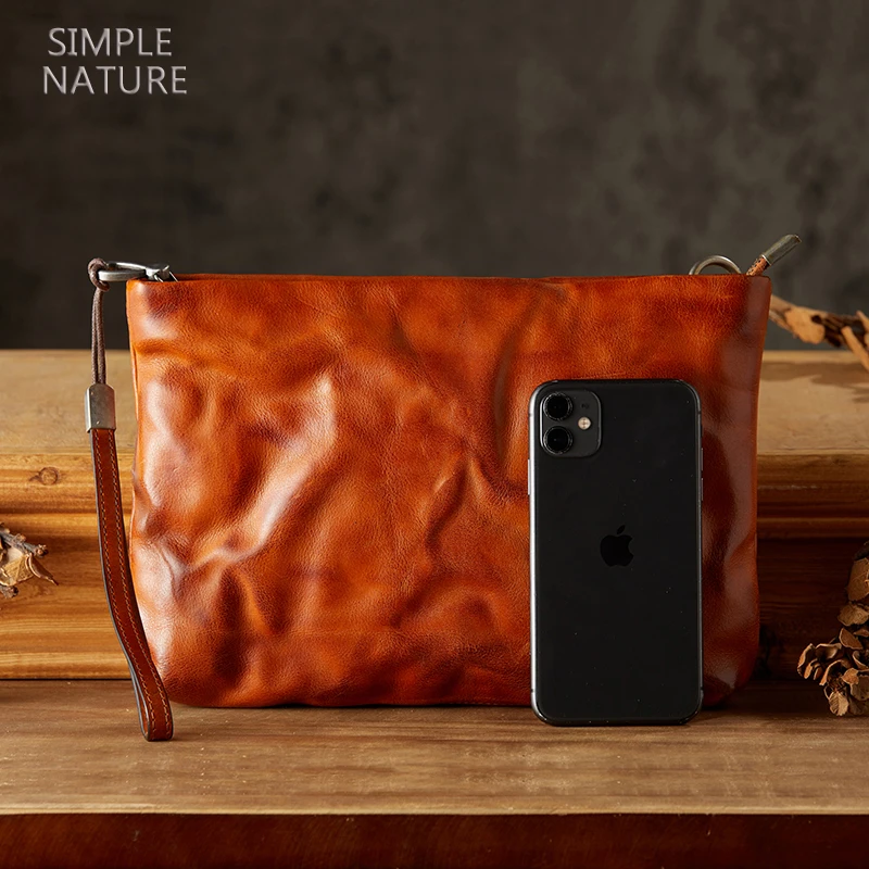 手工植鞣牛皮手包男复古休闲大容量单肩斜挎包头层牛皮商务手机包