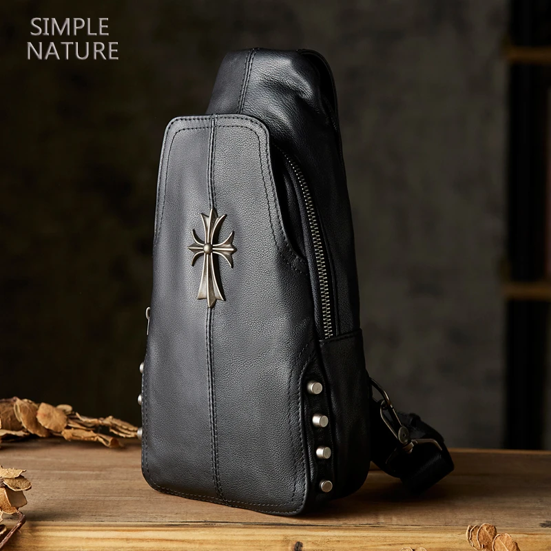 手工真皮胸包男潮牌个性多功能单肩斜挎包头层牛皮男士机车胸前包