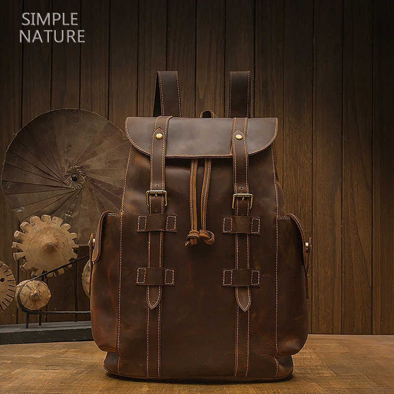原创手工复古疯牛皮男士背包休闲头层牛皮双肩包女真皮旅行电脑包