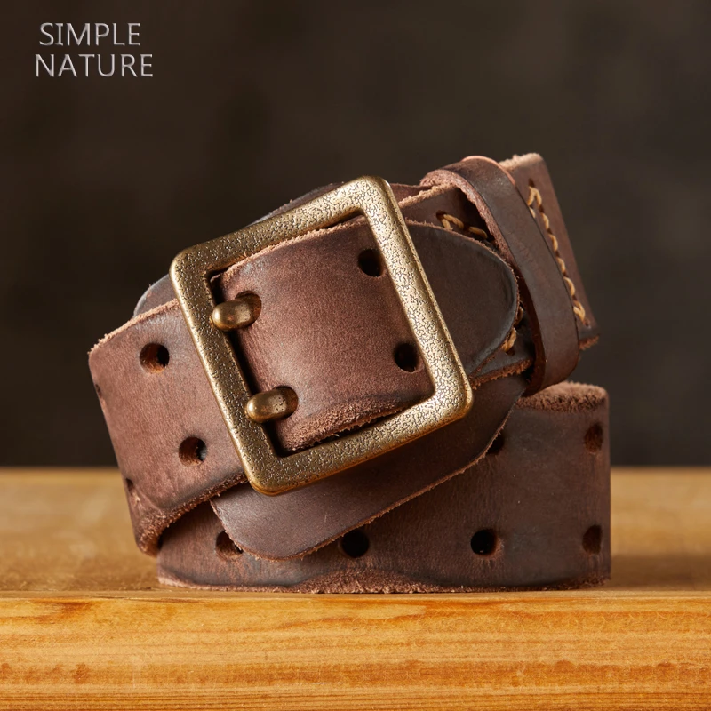 手工头层牛皮复古双针扣皮带男士铜扣时尚个性百搭真皮加厚裤腰带