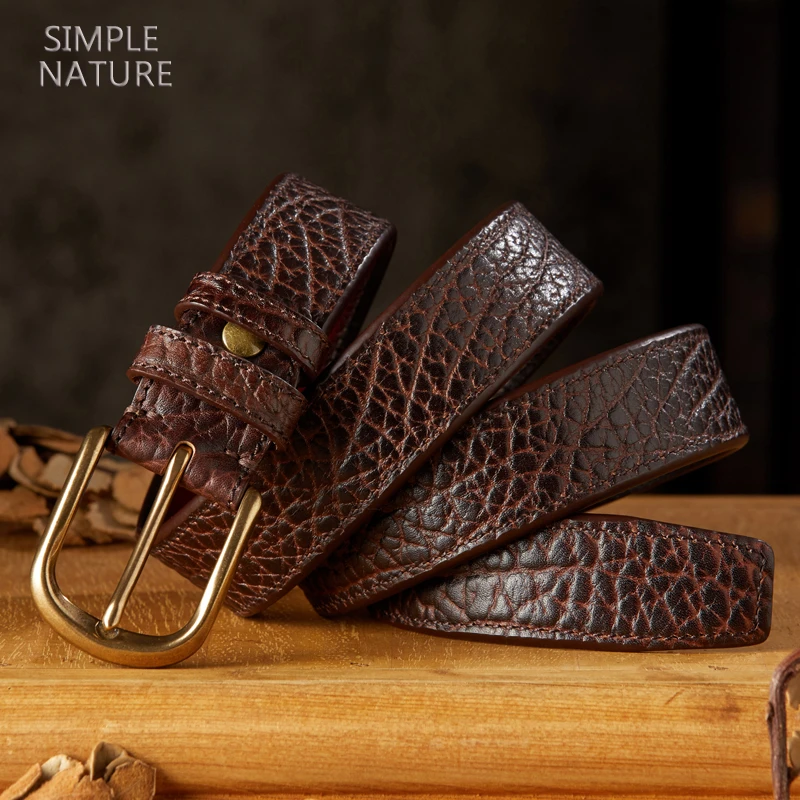 手工真皮男士牛皮纯铜扣皮带商务休闲头层牛皮高档针扣腰带潮流