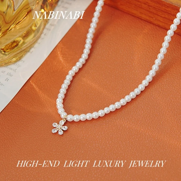 非金属仿珍珠项链 【颈间花园】小众设计法式轻奢小花吊坠项链3801