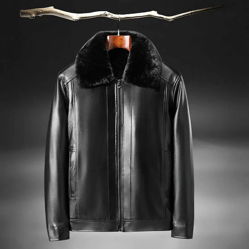 新款中年男士带毛领加绒加厚皮衣外套  F666