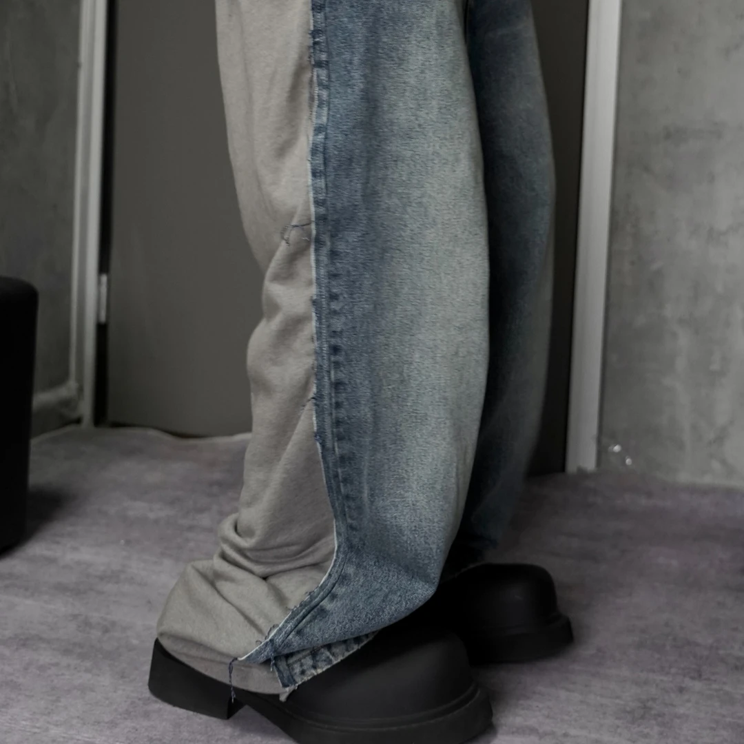 原样开发前后拼接蓝灰卫裤双面baggy廓形牛仔裤