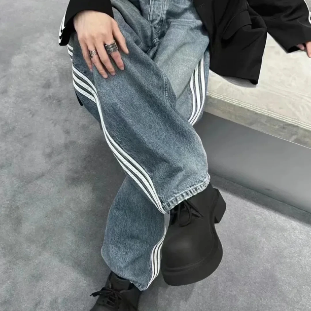 原样开发巴黎三条杠条纹渐变水洗廓形阔腿牛仔裤