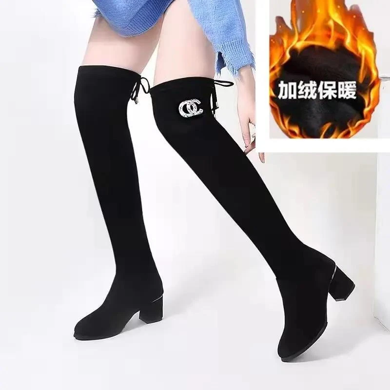 千寻一牌过膝长靴女粗跟显弹力靴中跟长筒靴子网红瘦