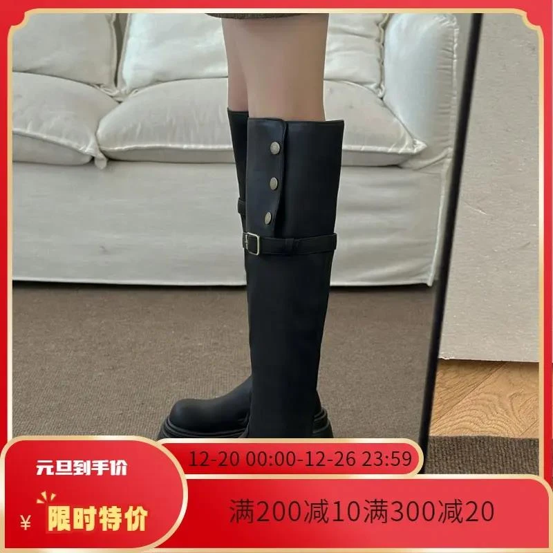 过膝靴女秋冬新款ins两穿翻折骑士高筒靴2023小个子厚底