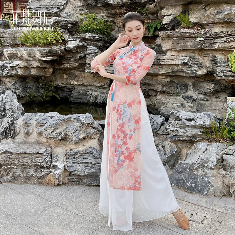 菲梵舞后古典舞印花旗袍身韵练功服女上衣飘逸演出服中国舞蹈纱衣