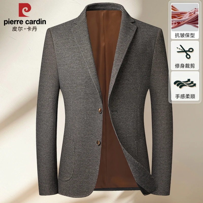 皮尔卡丹秋冬高档中青年千鸟格西服男士修身休闲时尚西装上衣外套