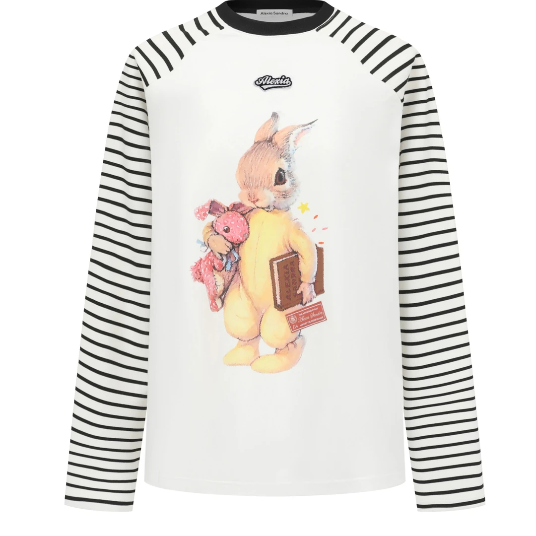 AlexiaSandra大兔子条纹撞色插肩长袖T恤