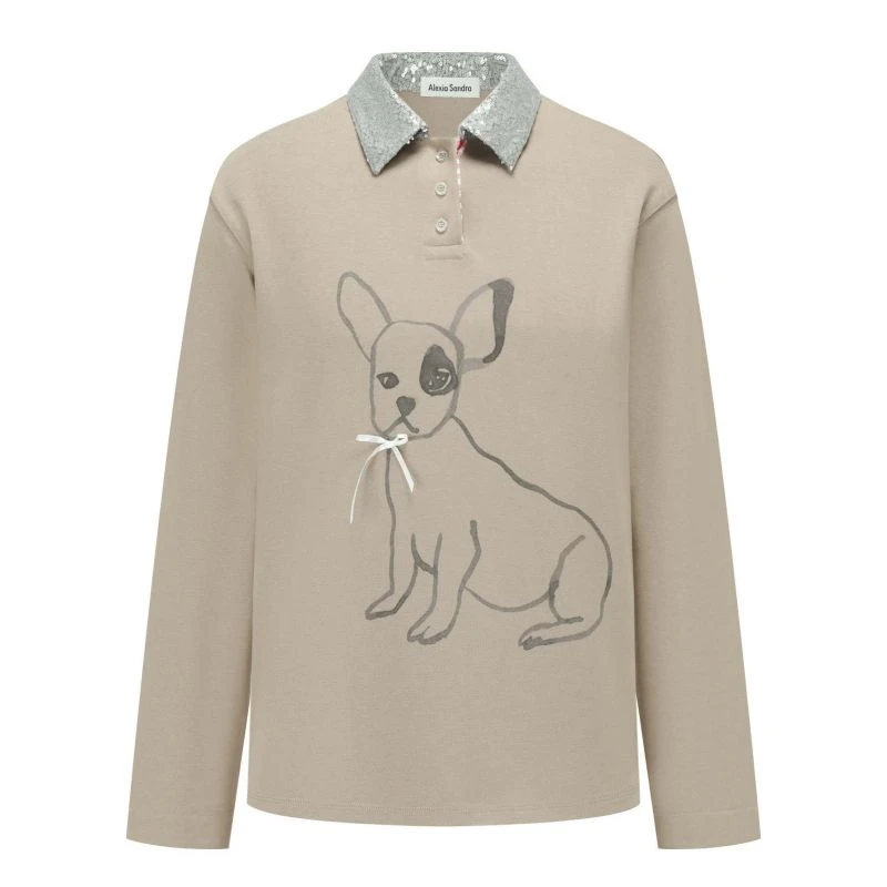 AlexiaSandra线条小狗亮片领格纹门襟小落肩POLO衫