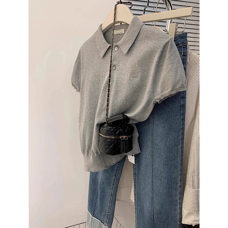 灰色正肩冰丝短袖t恤女夏夏季高级感显瘦外穿polo衫2024新款上衣