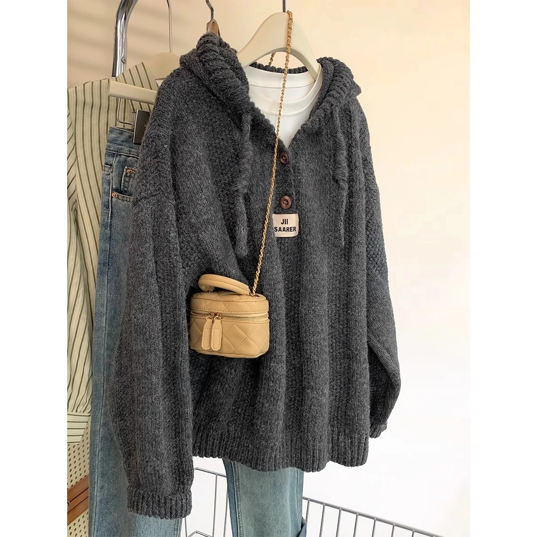 灰色连帽套头毛衣女秋冬季2024新款慵懒风宽松加厚卫衣外套针织衫