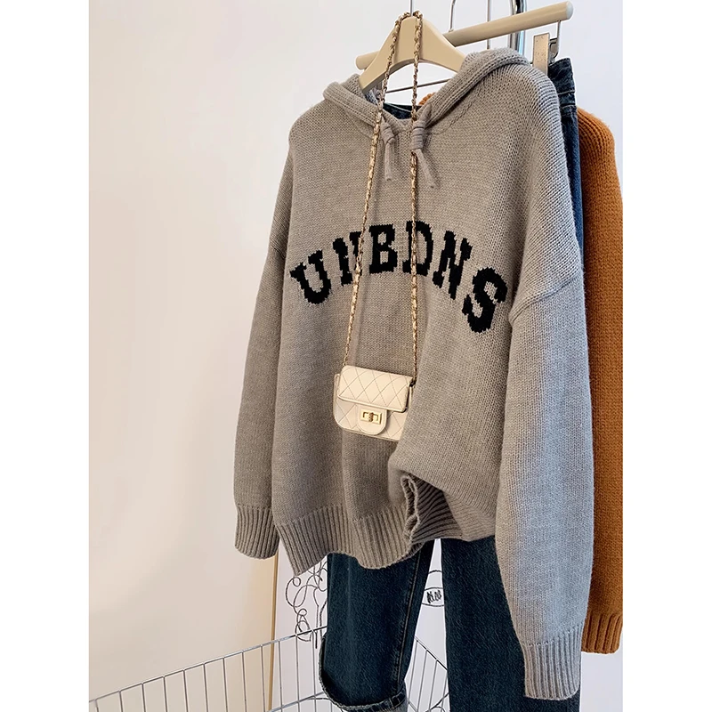 慵懒风灰色连帽套头针织衫女春秋季宽松加厚外穿毛衣2024新款上衣