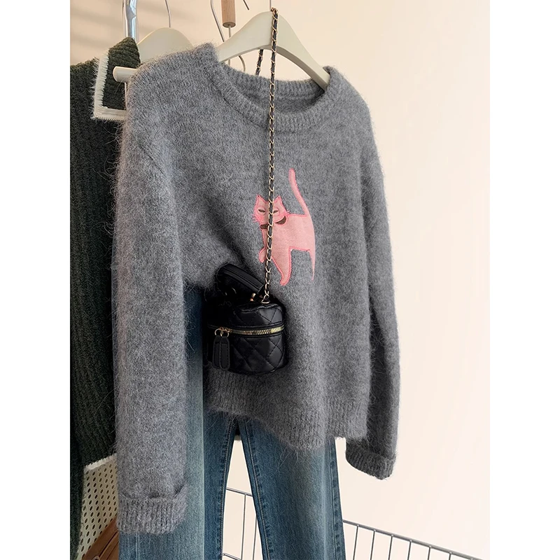 灰色慵懒风软糯长袖针织衫女秋冬季宽松加厚毛衣欧货短款上衣外穿