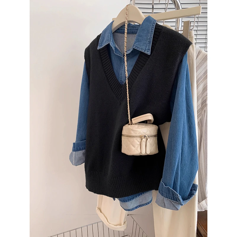 黑色v领坎肩针织马甲女春秋季2024新款毛衣背心衬衫叠穿外搭上衣