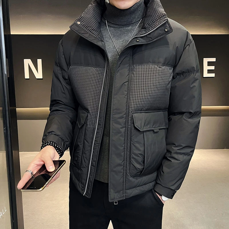 男款羽绒服羽绒服男冬季2023新款短款帅气轻薄男装加厚格子拼接立