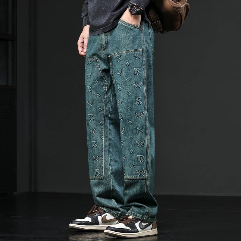 Cebrodz春秋季美式复古牛仔裤男直筒宽松潮牌阔腿潮流百搭休闲裤